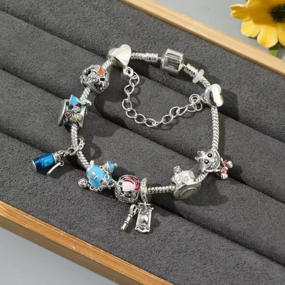 925 Sterling Silver Plated Alice In Wonderland Themed Loaded Charm Bracelet - Picture 2 of 6